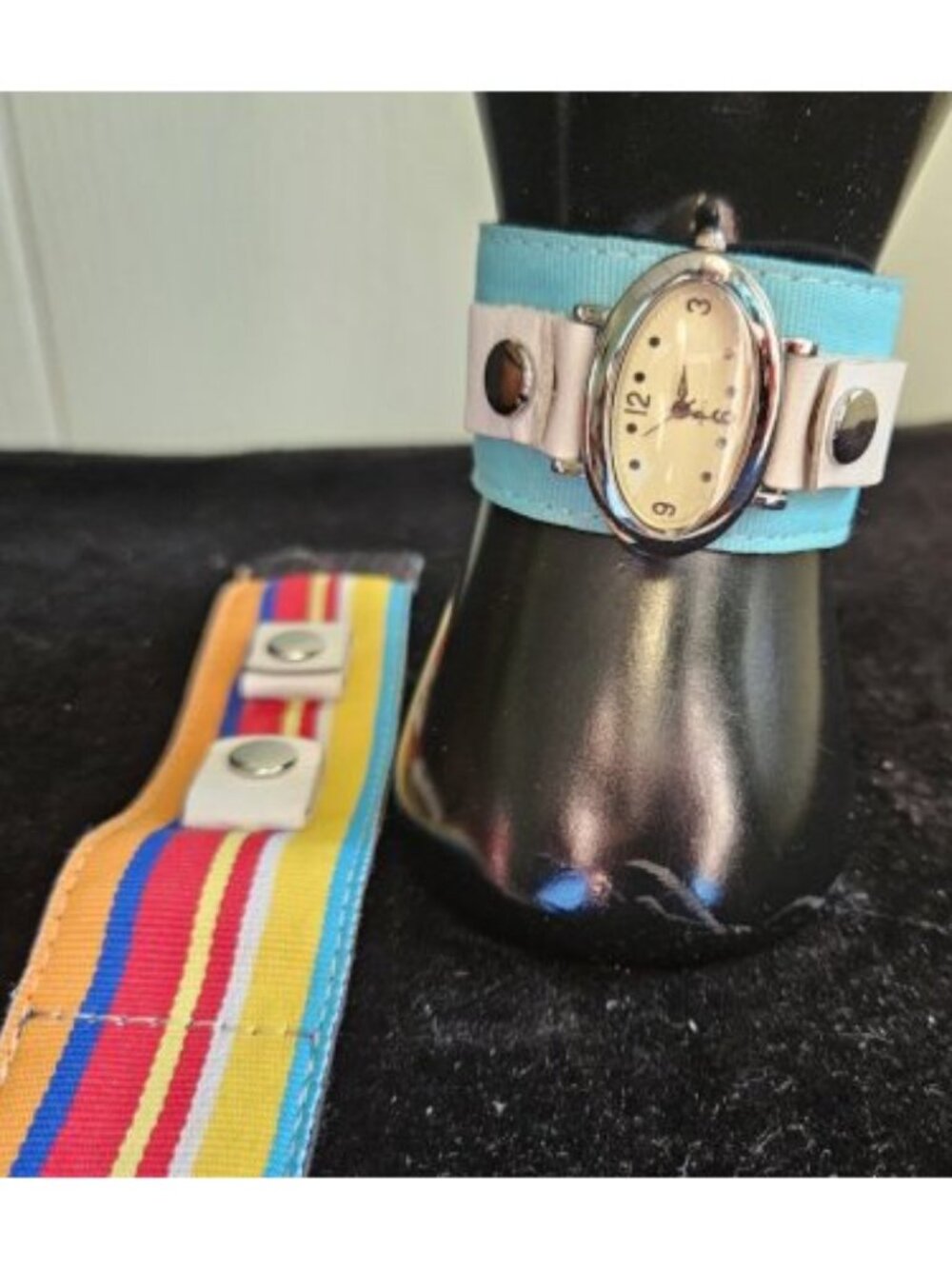 Interchangeable Grosgrain Ribbon Ladies Quartz Watch Blue and Striped